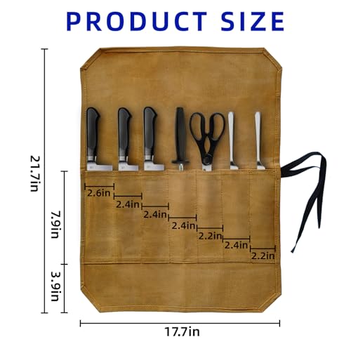 Portable Khaki Waxed Canvas Knife Roll Bag, 7 Slot Storage Case