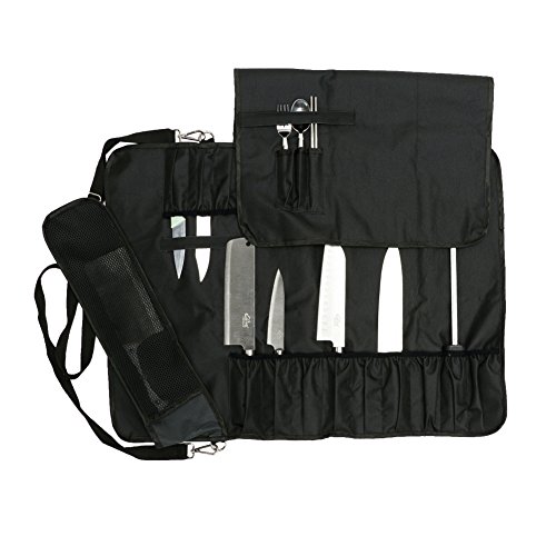 HERSENT Chef Knife Roll Bag: 17 Slots for 13 Knives & Utensils, Durable with Handle & Strap