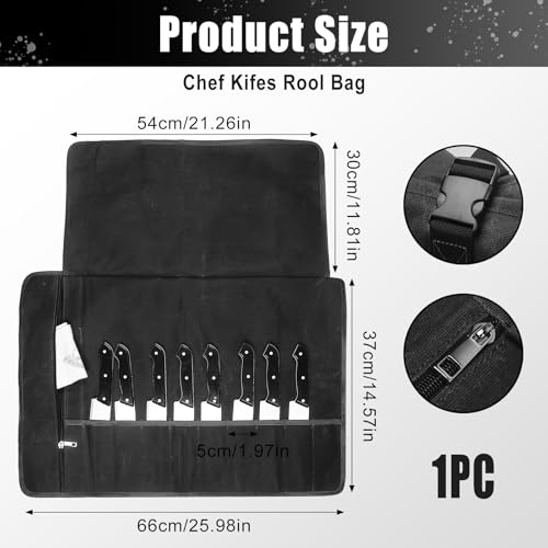 Waxed Canvas Chef Knife Roll with 10 Slots & Zipper Pocket
