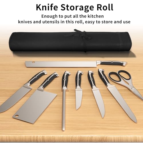 Black Heavy-Duty Waxed Canvas Knife Roll with 7 Slots & Tip Protectors