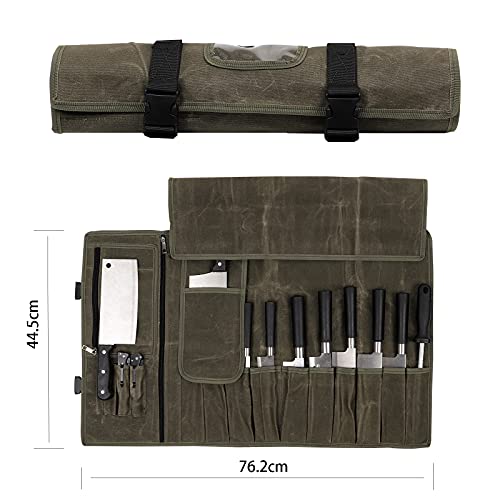 HERSENT Army Green Waxed Canvas Knife Roll Bag - Portable & Durable