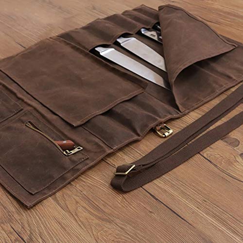 Professional Chef Knife Roll Bag with 11 Pockets & Waxed Canvas